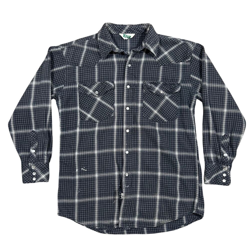 Vintage Key Pearl Snap Flannel Shirt Men’s Medium Distressed Plaid Western Black